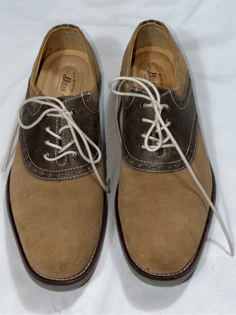 G.H. Bass Pomona Men’s 8.5M Tan Brown Suede Saddle Oxford Shoes Two Tone - Picture 2 of 11